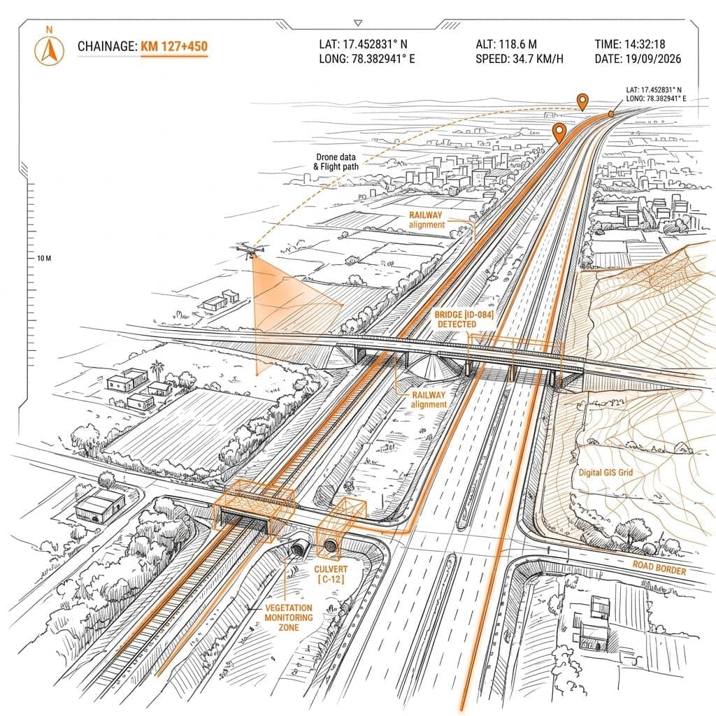 Hand-drawn survey of a highway and railway corridor, with a drone's flight path, GPS readout and inspection points